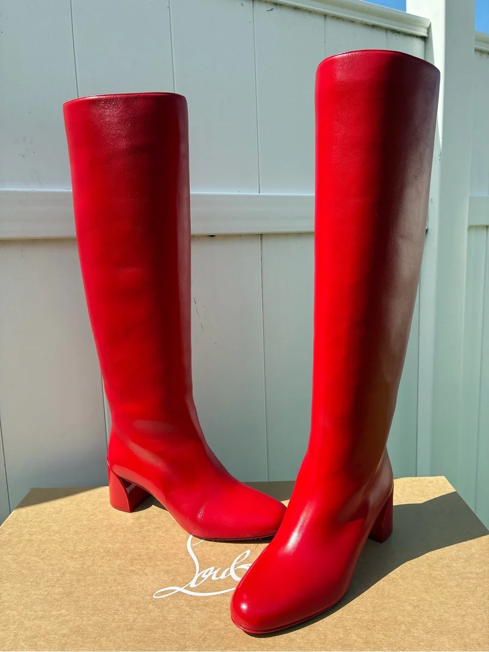 CHRISTIAN LOUBOUTIN JANITTA 55 RED LEATHER BLOCK HEEL KNEE-HIGH BOOTS SZ 38.5